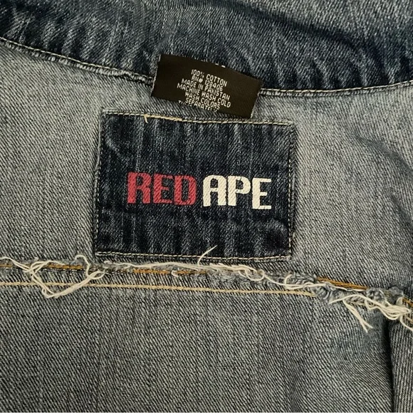 Vintage Red Ape Mens Distressed Denim Jacket XL 38 Faded Blue Jean Jacket - Picture 7 of 9